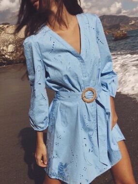 ZARA Sky Blue Paisley Eyelet Cotton Belted Dress NWT XXL | Boho Summer Dress